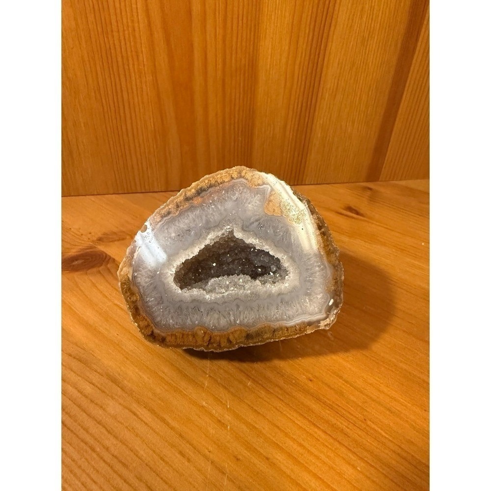 Natural Agate Geode Half Druzy Quartz Crystal Specimen Gray Banded Geode 3" tall